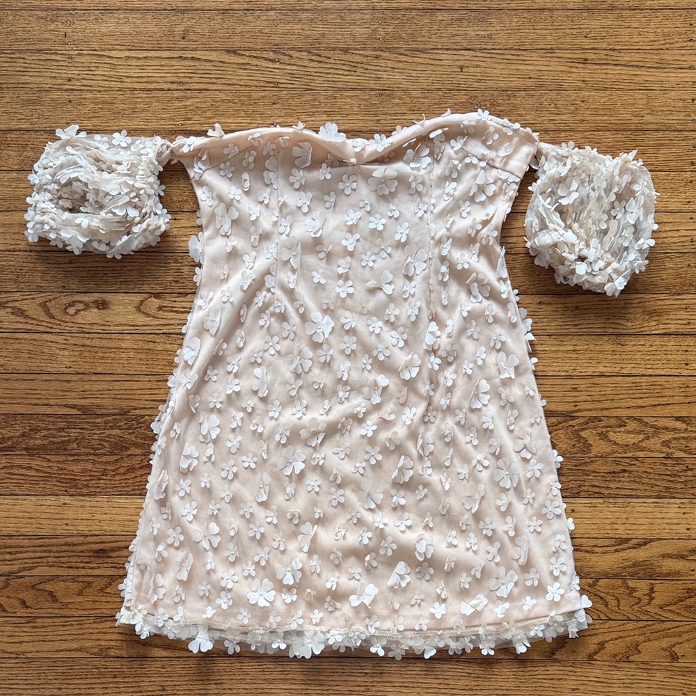 Boohoo Cream Off-Shoulder Dress with 3D White Floral Appliqués